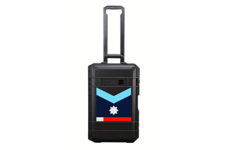 SUITCASEƎ Expedition Series Minnesota Blue Waterproof Carry-On Suitcase in black, showcasing durable design and indigenous-inspired artwork.