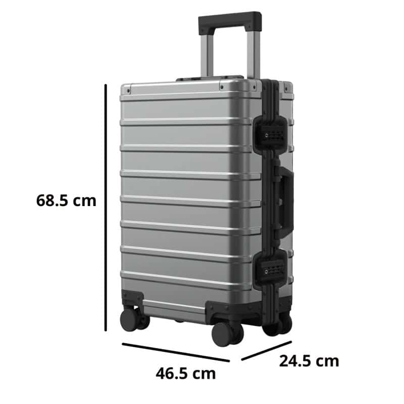Upright Gunmetal grey SUITCASEƎ Origin 4 medium check-in suitcase, luxury aluminium design hold luggage dimensions