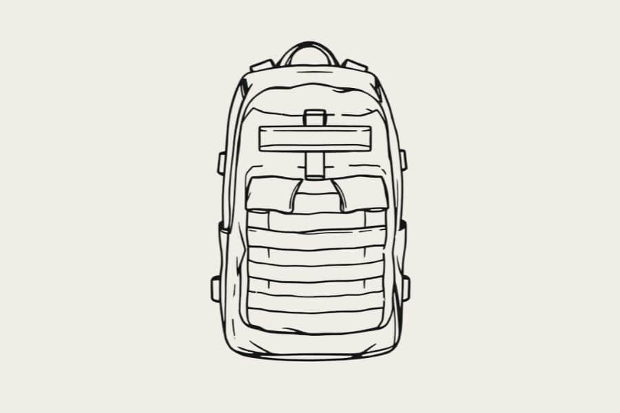SUITCASEƎ hand-drawn technical backpack with military MOLLE system illustration, designed for tactical and outdoor use