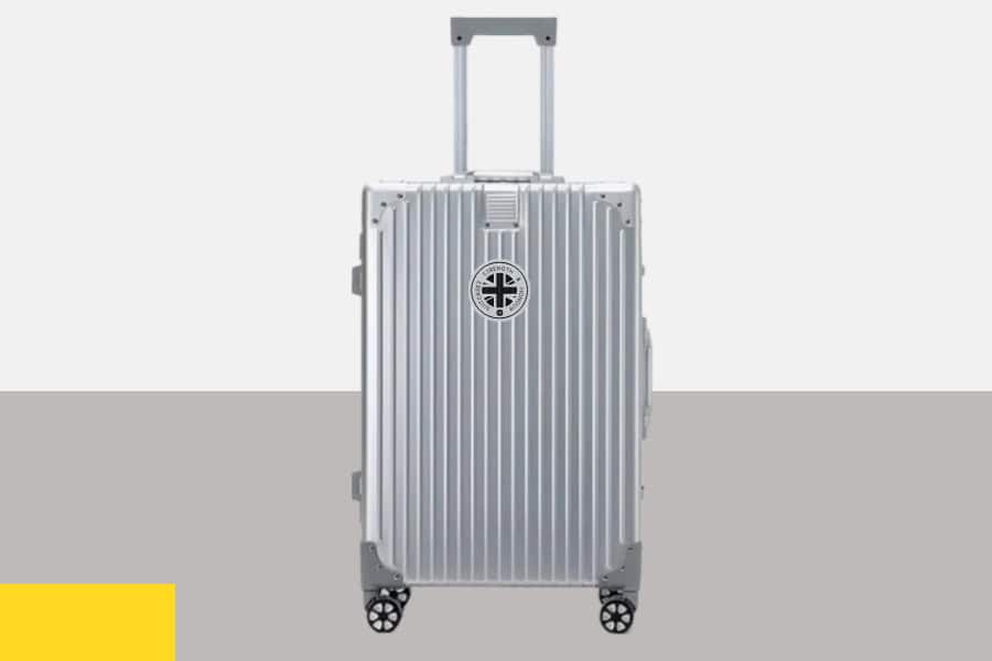SUITCASEƎ Origin 2 Aluminium Medium Check-In suitcase in silver, with smooth-rolling wheels and durable, travel luggage design.