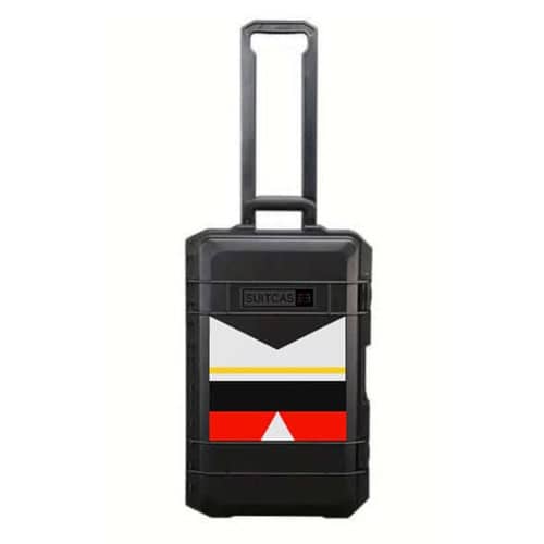 Black SUITCASEƎ Expedition Series La Palma Red Waterproof Carry-On Suitcase, designed for smooth rolling with striking artwork inspired by La Palma Island