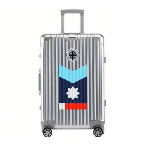 SUITCASEƎ Trip Series Minnesota Blue Aluminium Carry-On Suitcase in silver, showcasing durable design and indigenous-inspired artwork.