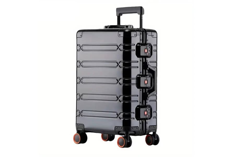 Black SUITCASEƎ Origin 3 Large Check-In suitcase, luxury aluminium design, durable and smooth-rolling luggage.
