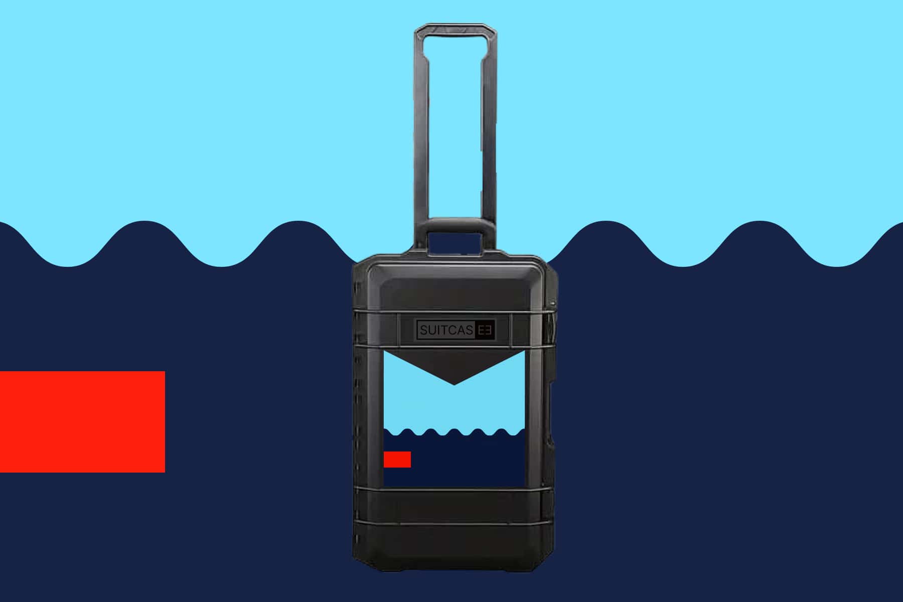 SUITCASEƎ Expedition Series Biarritz Blue Waterproof Carry-On Suitcase in black, blending durability with stunning Atlantic wave design.