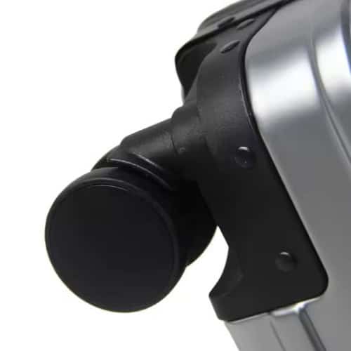 Gunmetal grey Origin 4 Series Aluminium medium check-in Suitcase and hold luggage wheel detail