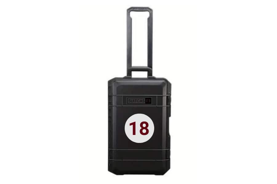 Black SUITCASEƎ Driver Fangio #18 Waterproof Carry-On Suitcase - Durable, stylish design for motor racing fans and travellers.