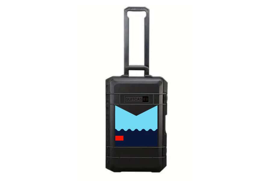 SUITCASEƎ Expedition Series Biarritz Blue Waterproof Carry-On Suitcase in black, blending durability with stunning Atlantic wave design.