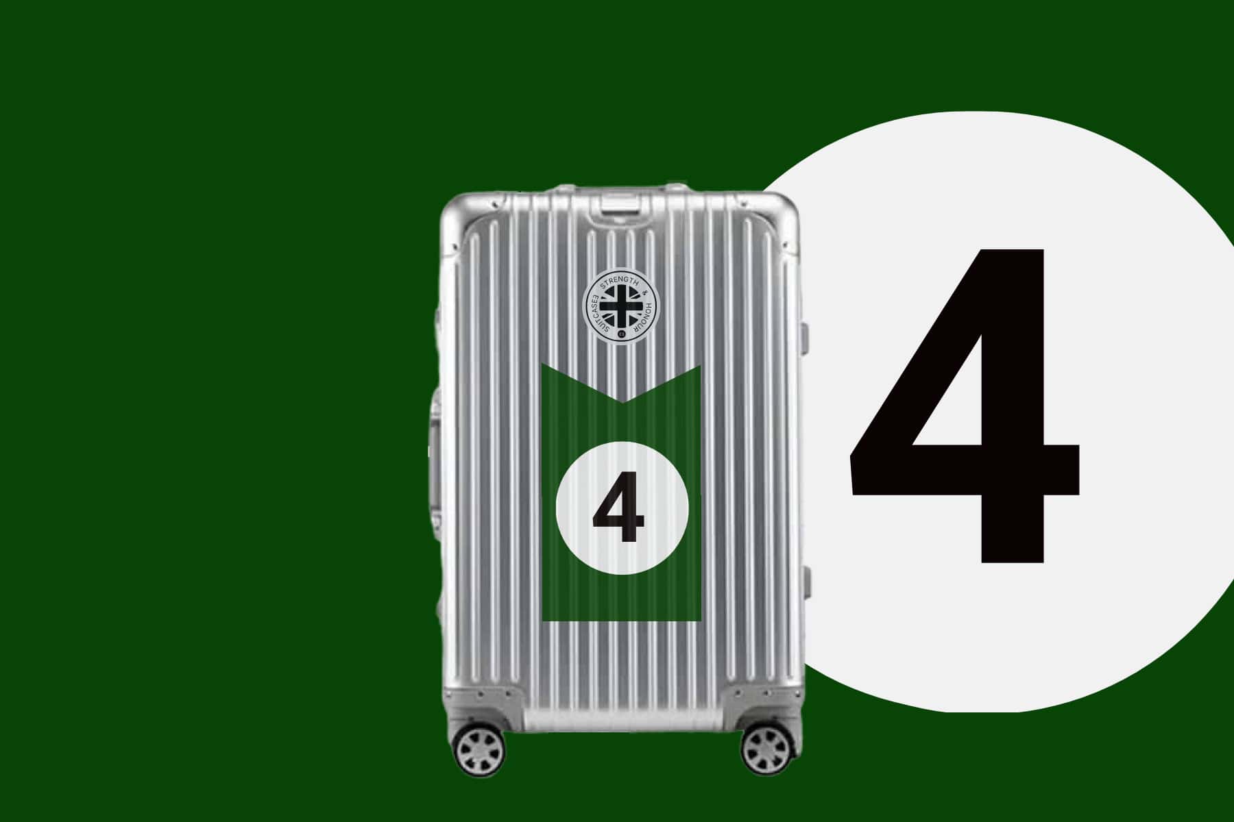 Silver SUITCASEƎ Trip Series Champion Aluminium Carry-On suitcase green number 4 with smooth-rolling wheels, arty design, and durable cabin bag materials.