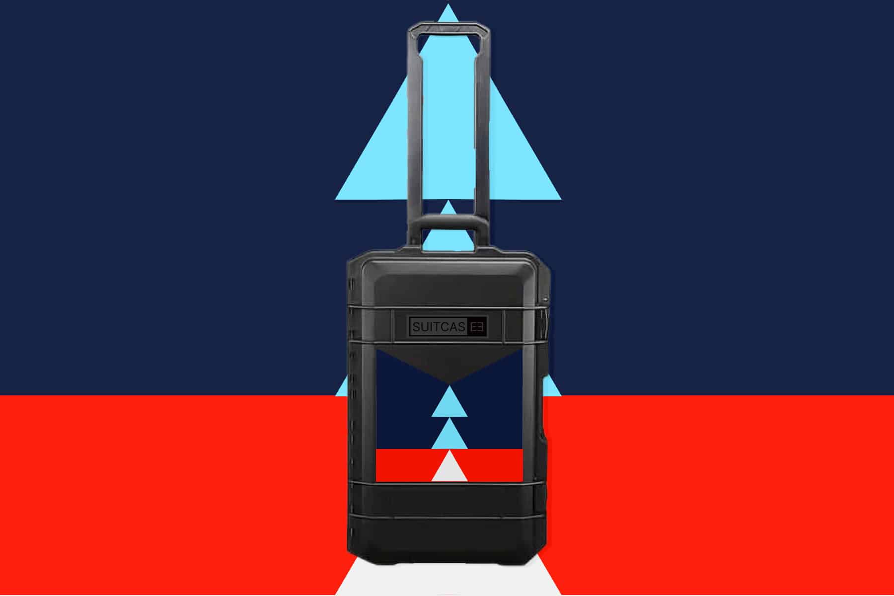 Black SUITCASEƎ Expedition Series Rapa Nui Blue Waterproof Hard Shell Carry-On Suitcase, designed for smooth rolling with striking Easter Island artwork.