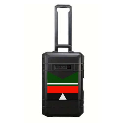Black SUITCASEƎ Expedition Series La Palma Black Waterproof Carry-On Suitcase, designed for smooth rolling with striking artwork inspired by La Palma Island