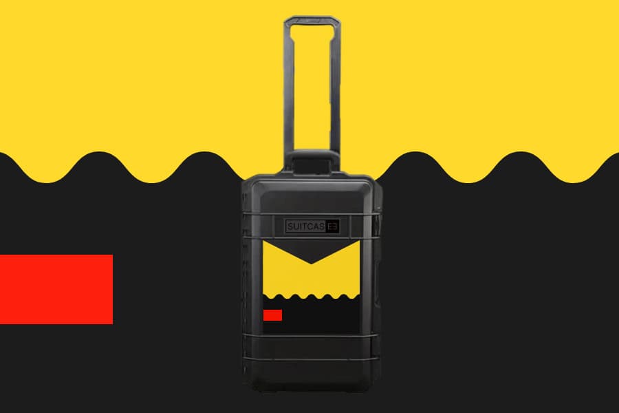 Artist Artwork SUITCASEƎ Expedition Series Biarritz Yellow Waterproof Carry-On Suitcase in black, blending durability with stunning Atlantic wave design.