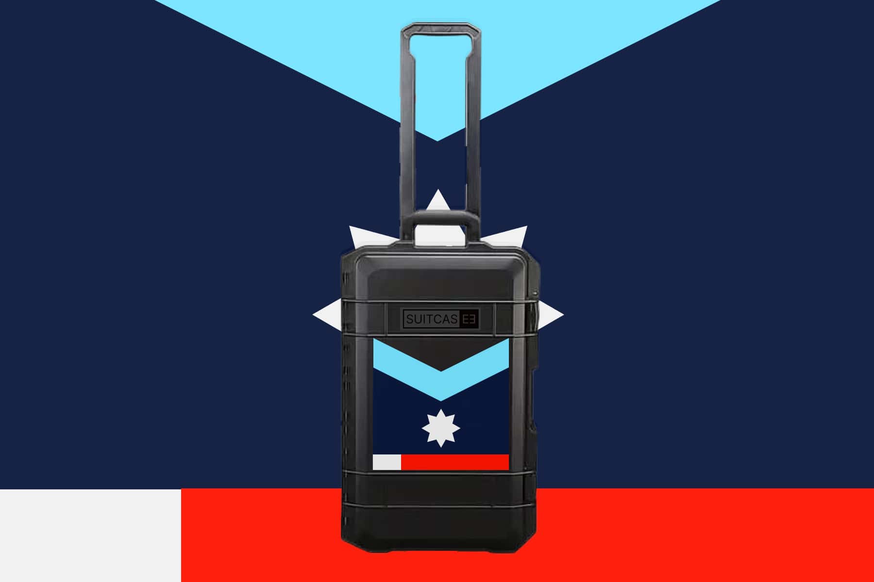 SUITCASEƎ Expedition Series Minnesota Blue Waterproof Carry-On Suitcase or travelling bag in black, showcasing durable design and indigenous-inspired artwork.