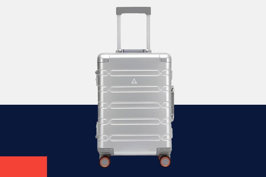 Upright Silver SUITCASEƎ Origin 3 Aluminium Cabin Bag, luxury aluminium design carry on suitcase design. Refer A Friend
