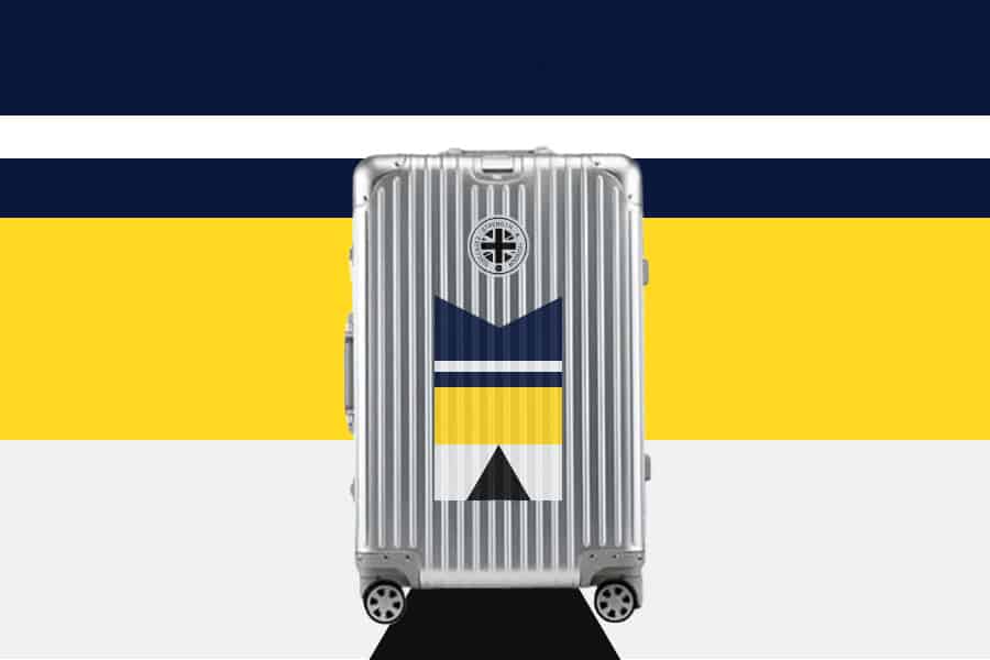 SUITCASEƎ Trip Series La Palma White Aluminium Carry-On Suitcase, smooth rolling designer cabin bag with striking artwork inspired by La Palma Island