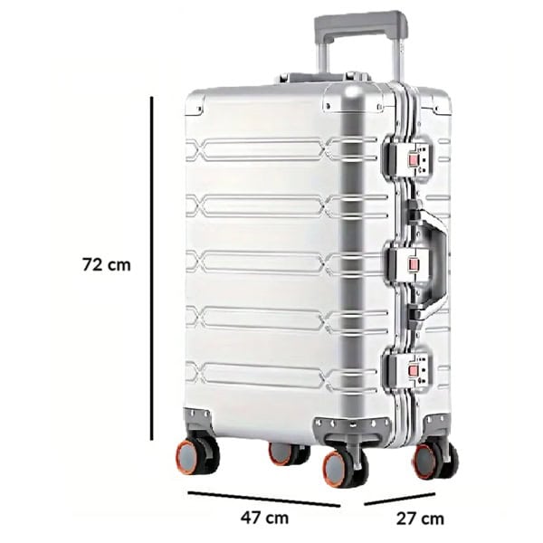 Upright Silver SUITCASEƎ Origin 3 Large Check-In suitcase with rolling wheels, featuring luxury aluminium design.