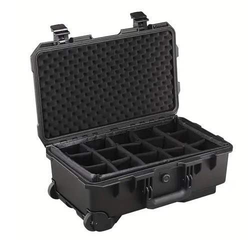 Black SUITCASEƎ Diamond Waterproof Carry-On Suitcase opened to show organisational compartments and protective features.