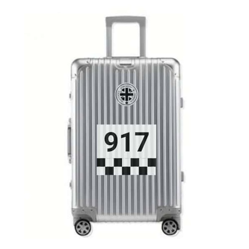 Silver SUITCASEƎ Racecar Gulf Porsche 917 Aluminium Carry-On Suitcase designed for easy rolling with striking chequered artwork on the cabin bag.
