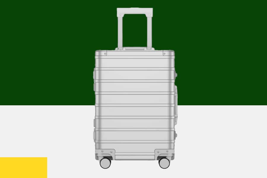 Silver SUITCASEƎ Origin 4 Medium Check-In suitcase, luxury aluminium design, durable and smooth-rolling luggage.