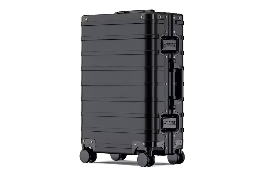 Black SUITCASEƎ Origin 4 medium check-in suitcase, luxury aluminium design hold bag, durable and smooth-rolling luggage.