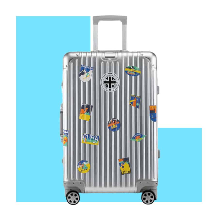 Upright Silver SUITCASEƎ Globetrotter Aluminium Cabin Bag, durable metal carry-on suitcase with custom travel decals