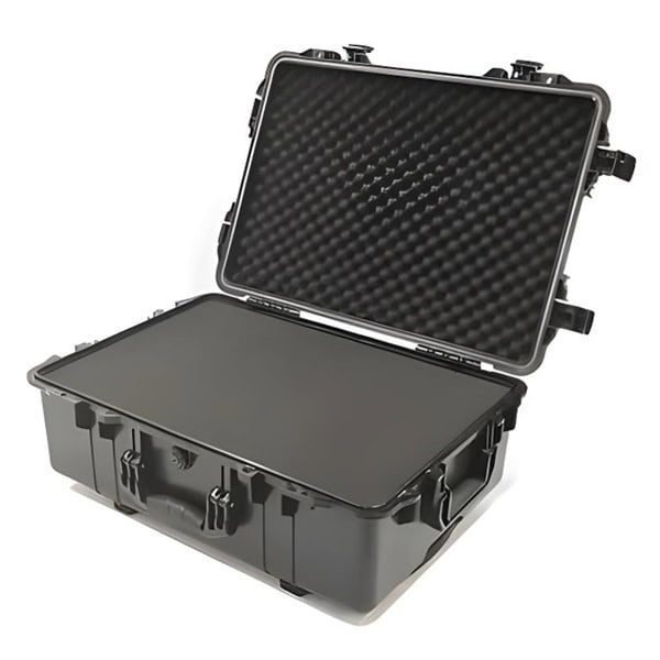 Black SUITCASEƎ Icon Waterproof Medium Check-In Suitcase opened to show organisational compartments and protective features
