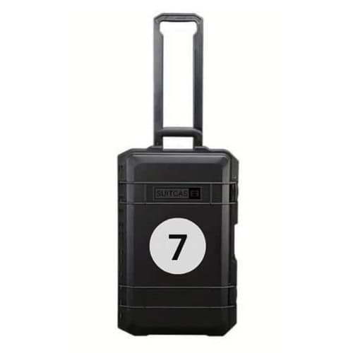 Black SUITCASEƎ Driver Stewart Driver 7 Waterproof Carry-On Suitcase - Durable, stylish design for motor racing fans and travellers.