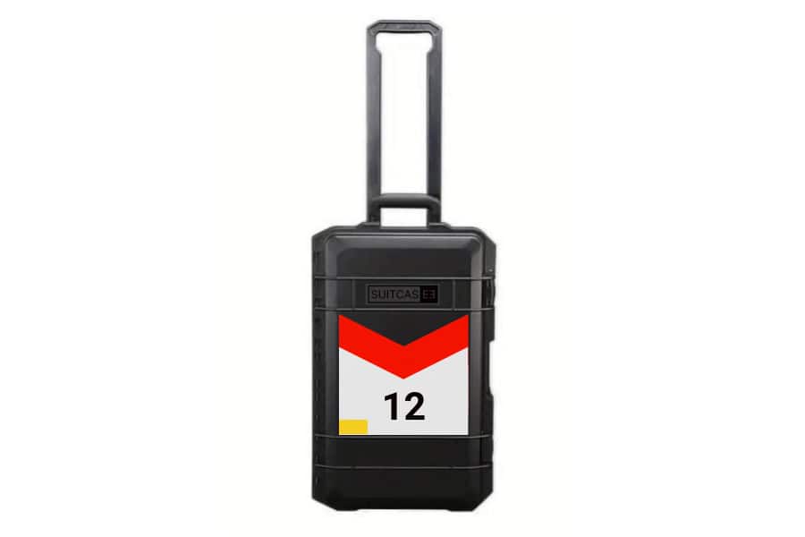 SUITCASEƎ Expedition Series Champion Waterproof Carry-On Suitcase - Number 12 Senna White, durable design inspired by motorsport liveries