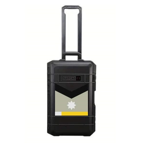 SUITCASEƎ Expedition Series Minnesota Green Waterproof Carry-On Suitcase in black, showcasing durable design and indigenous-inspired artwork.