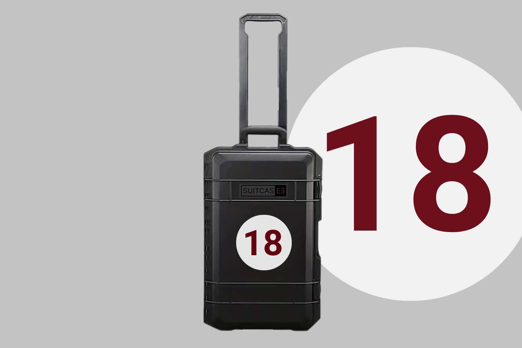 Black SUITCASEƎ Driver Fangio 18 Waterproof Hard Shell Carry-On Suitcase - Durable, stylish design for motor racing fans and travellers.