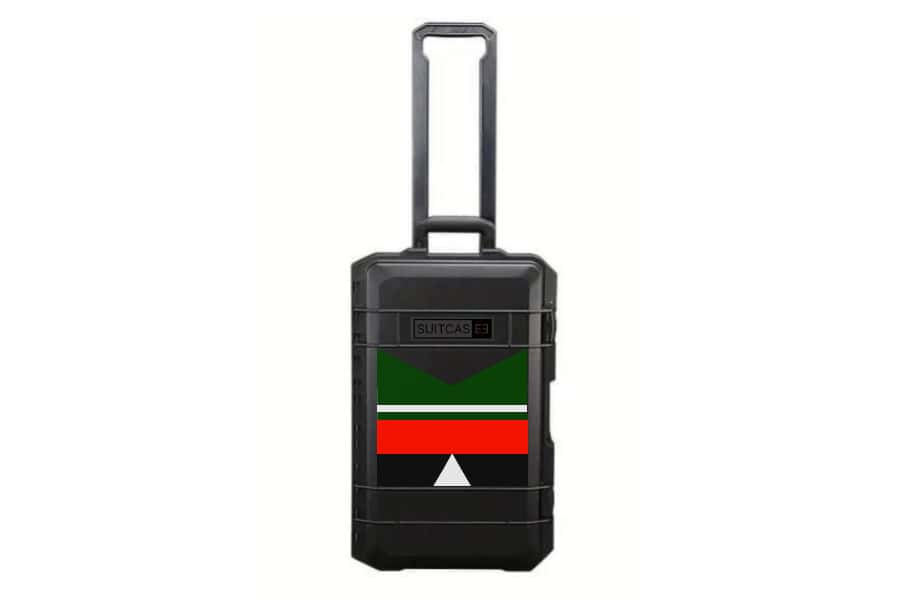 Black SUITCASEƎ Expedition Series La Palma Black Waterproof Carry-On Suitcase, designed for smooth rolling with striking artwork inspired by La Palma Island