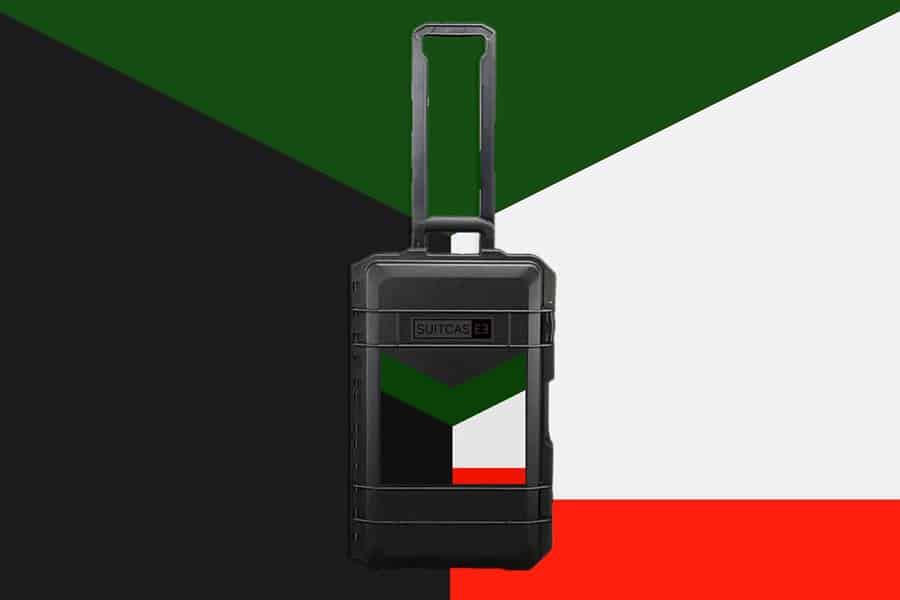 SUITCASEƎ Expedition Series Socotra Black Waterproof Carry-On Suitcase in black, designed for smooth rolling with striking artwork collaboration