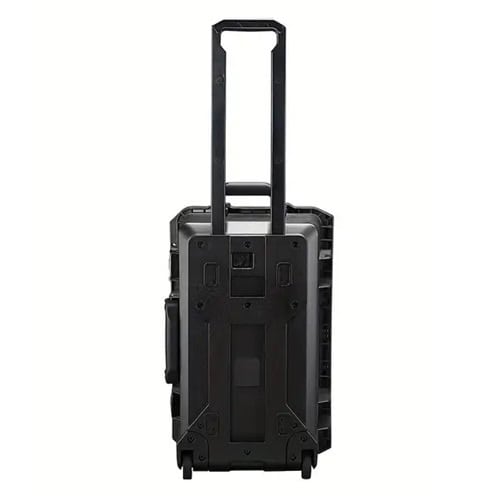 Black SUITCASEƎ Icon Waterproof Carry-On suitcase, Upright carry-on bag with smooth rolling design and durable construction back view.