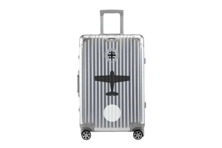 Upright White Circle Grumman Wildcat Fighter Plane Silver Designer Cabin Bag Cary On Suitcase Vanguard Travel Luggage Series iconic military aircraft