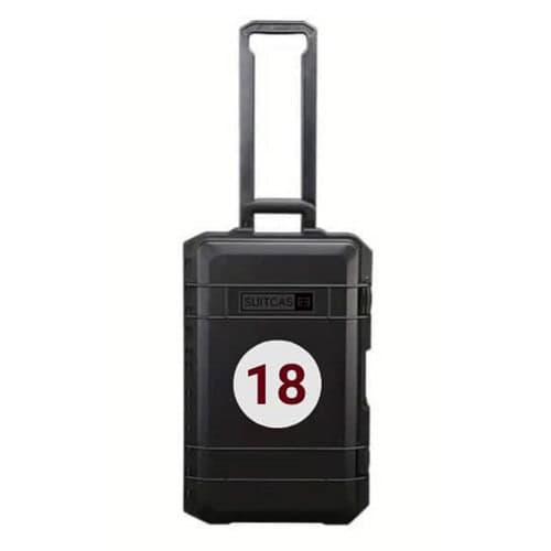 Black SUITCASEƎ Driver Fangio 18 Waterproof Carry-On Suitcase - Durable, stylish design for motor racing fans and travellers.