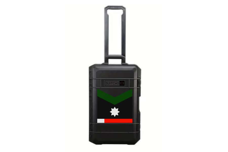 SUITCASEƎ Expedition Series Minnesota Black Waterproof Carry-On Suitcase in black, showcasing durable design and indigenous-inspired artwork.