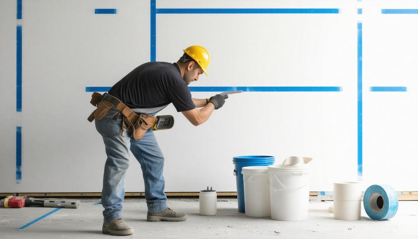 A man in a hard hat and helmet is seen working on a wall, highlighting his role in construction and safety practices.