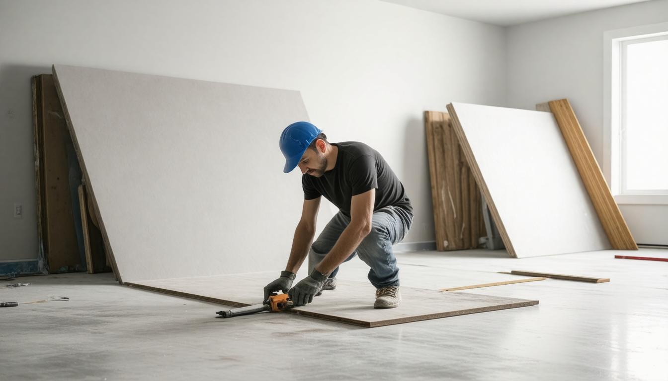 A man is engaged in work on the floor of a spacious room, surrounded by tools.
