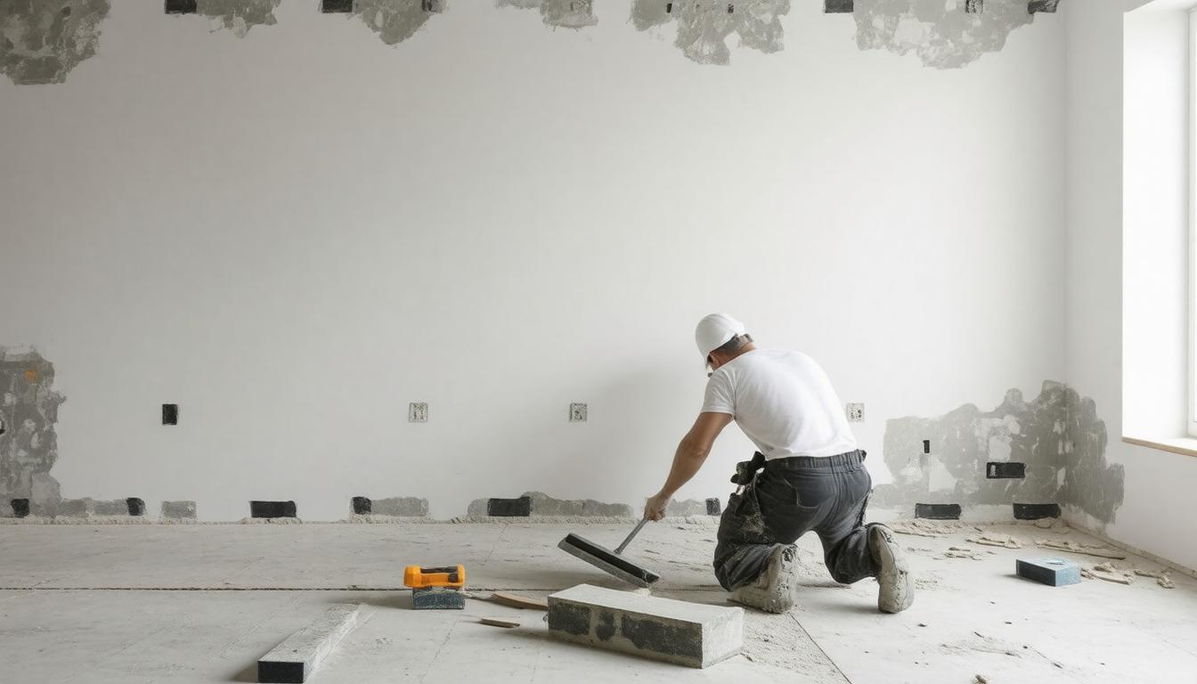 A man is engaged in work on the floor of a room, utilizing various tools and materials in a bright environment.