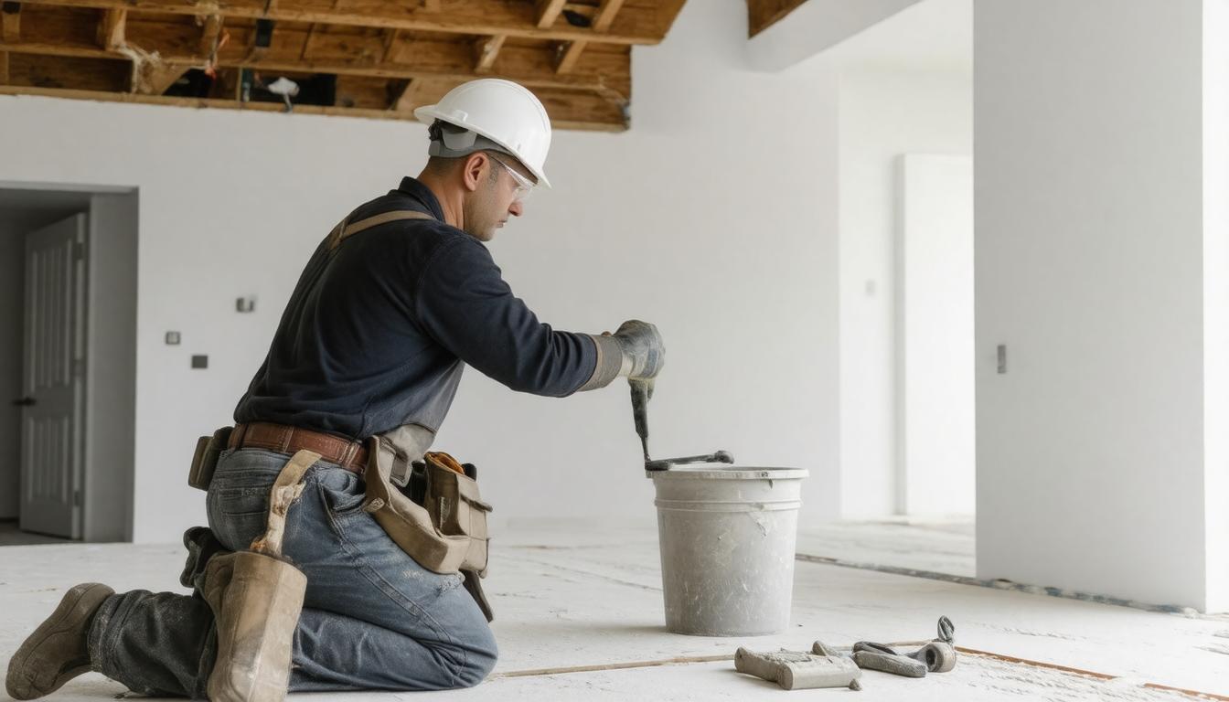 A man wearing a hard hat and work boots is actively working on a construction floor, focused on his task.