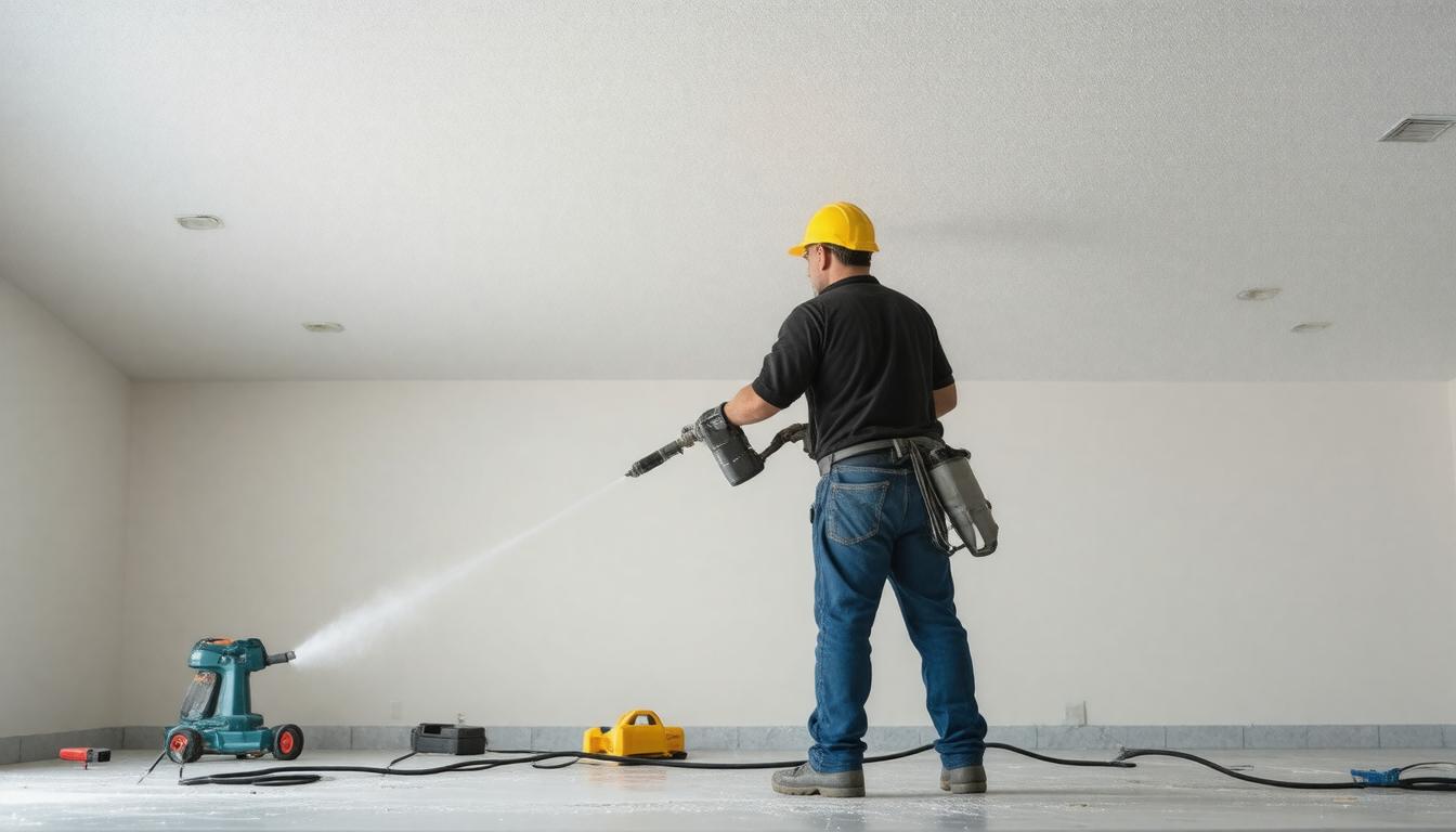 A man in a hard hat and helmet uses a power washer, directing water spray onto a surface for cleaning.