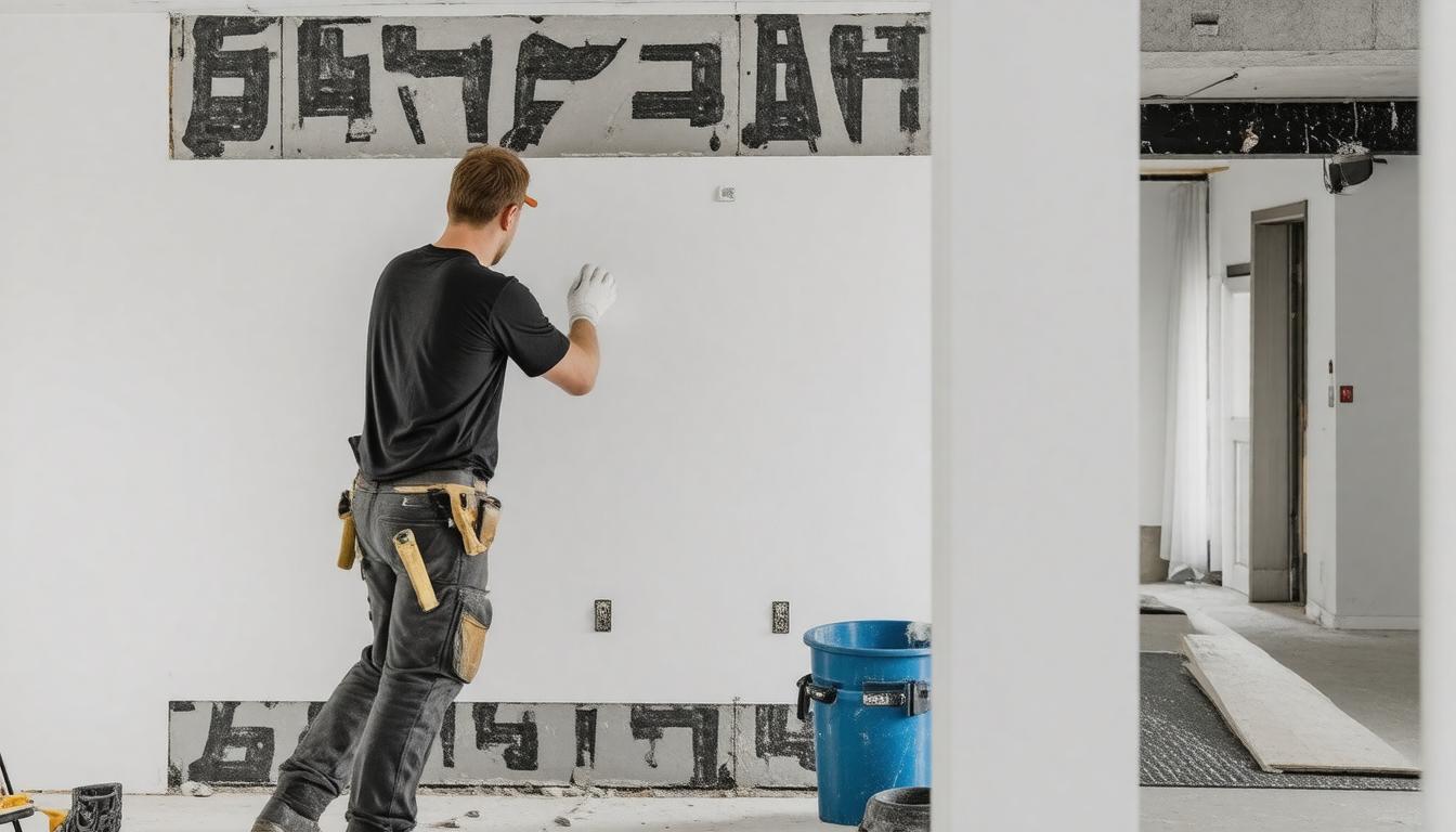 A man is engaged in painting a wall, showcasing the word "happy" in vibrant hues.