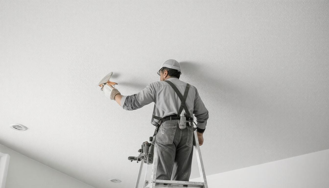 A man stands on a ladder, painting the ceiling of a room with a roller brush, focused on his task.