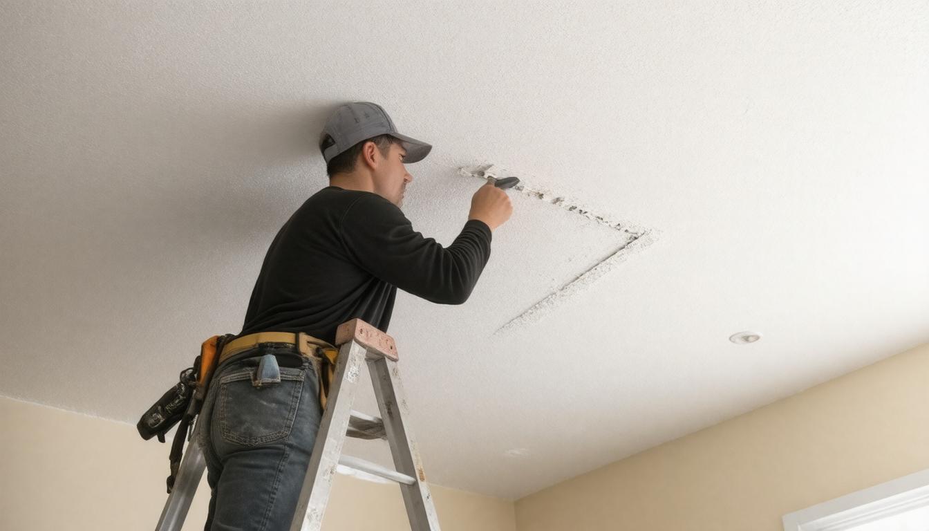 A man is installing or repairing a ceiling in a residential home, using tools and standing on a ladder.