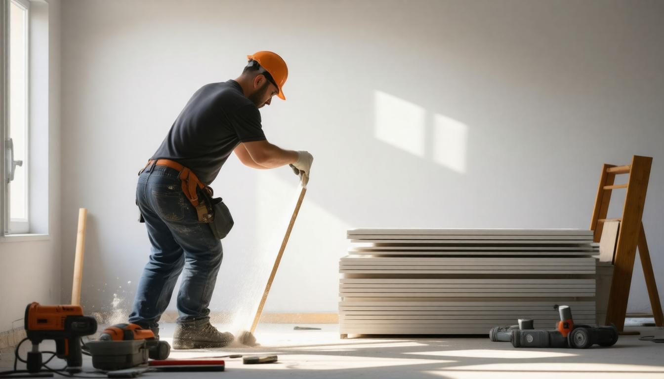 A man is engaged in construction, using a hammer and saw to work on a room, surrounded by tools and materials.