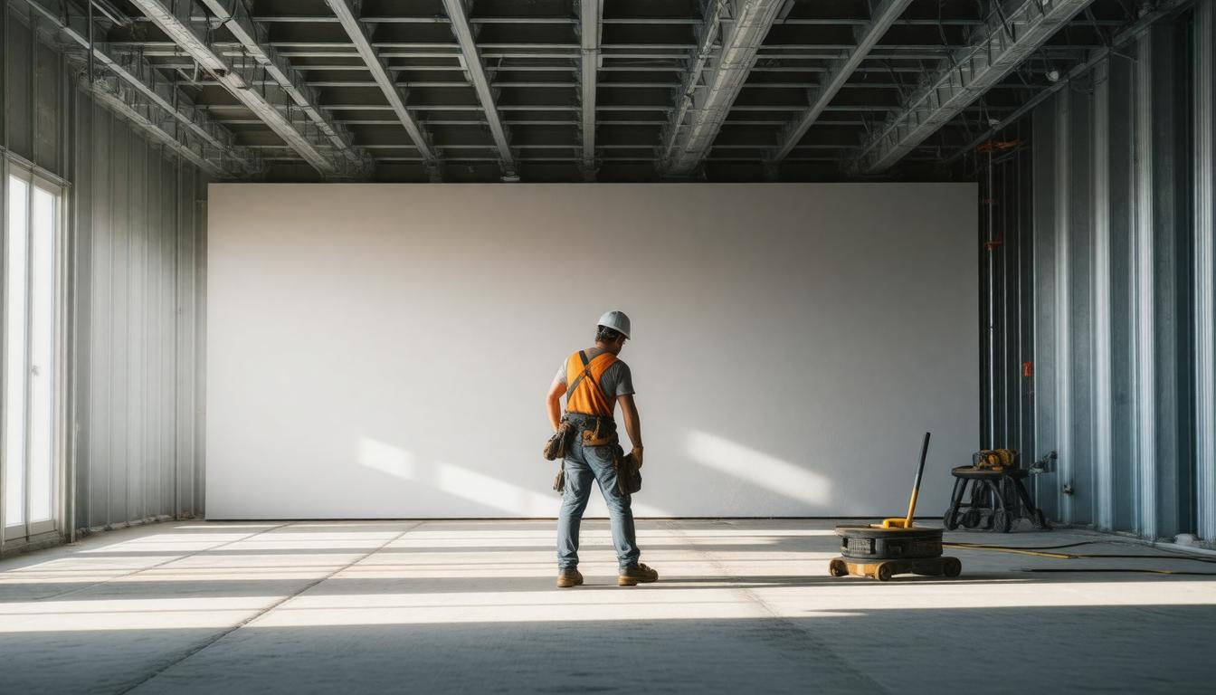 A man is depicted standing in a vacant room with white walls, highlighting the minimalist and open space around him.