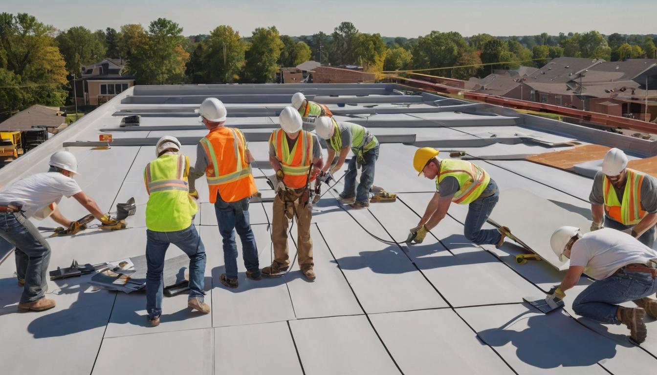 men working on a flat roof