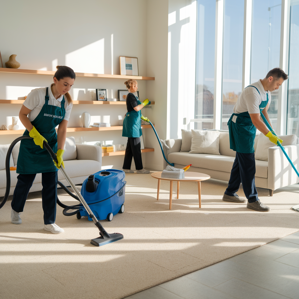 Three individuals using vacuum cleaners to clean a room, demonstrating teamwork and effective cleaning techniques.