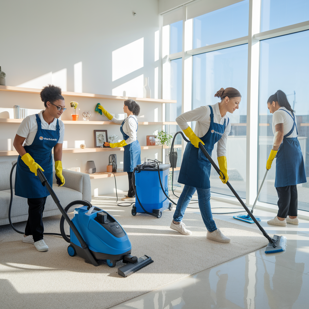 A group of women using vacuums to clean a room, showcasing teamwork and dedication to maintaining a tidy environment.