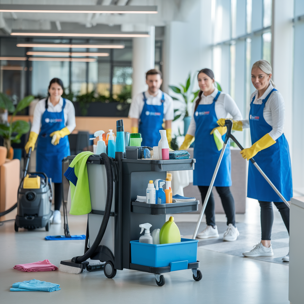 Three individuals using vacuum cleaners to clean a room, demonstrating teamwork and effective cleaning techniques.