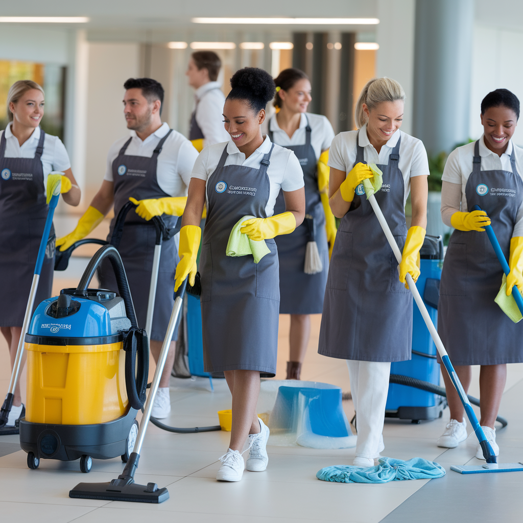 A group of individuals in aprons diligently cleaning the floor together.